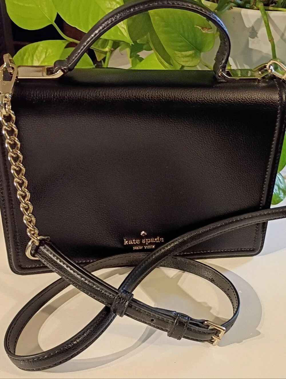 kate spade Black Leather Top-Handle Satchel with Gold Logo